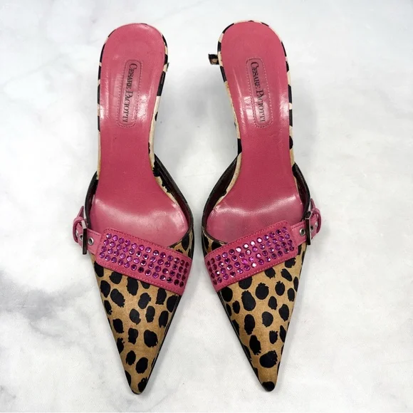 Cesare Paciotti Vintage Y2K Leopard Embellished Pointe Toe Kitten Heel Mules 36 - Picture 2 of 14